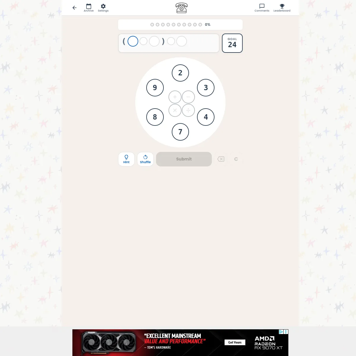 Operator with goal 24: an empty bracketed equation, six numbers (2, 3, 4, 7, 8, 9) around four operation buttons, and Hint, Shuffle and Submit