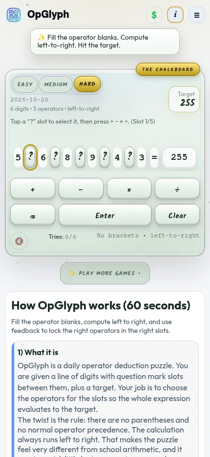 OpGlyph Hard puzzle for 2026-10-20 at phone size: six digits 5 6 8 9 4 3 with five operator slots and target 255, above the operator keys