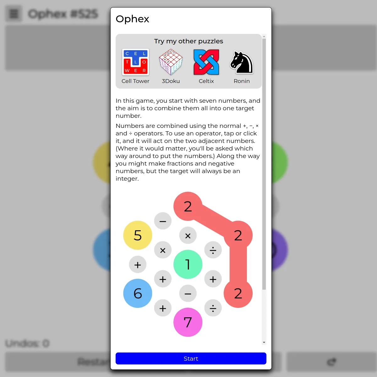 Ophex instructions over puzzle number 525, with an example hex of coloured number circles 2, 2, 2, 5, 1, 6 and 7 joined by plus, minus, times and divide buttons