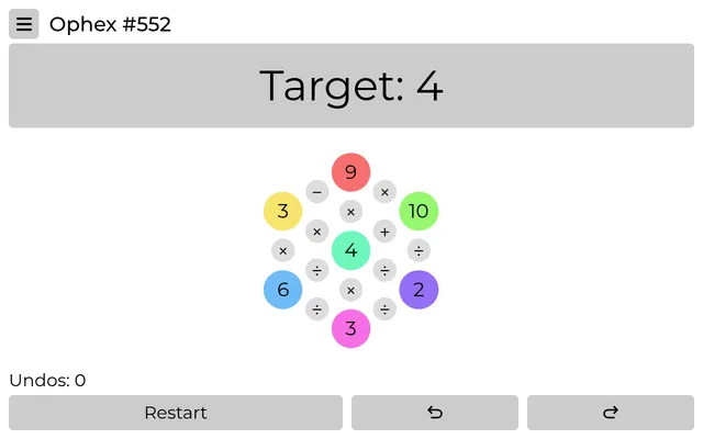 Ophex #552 on 29 October 2026, target 4: seven coloured number circles (9, 3, 10, 6, 2, 3 and 4 in the centre) on a hex grid, with minus, times, plus and divide buttons between them
