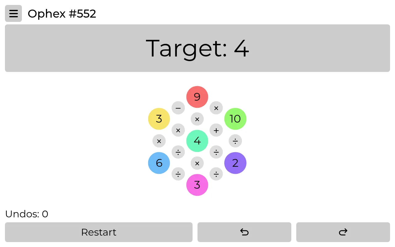 Ophex #552 on 29 October 2026, target 4: seven coloured number circles (9, 3, 10, 6, 2, 3 and 4 in the centre) on a hex grid, with minus, times, plus and divide buttons between them