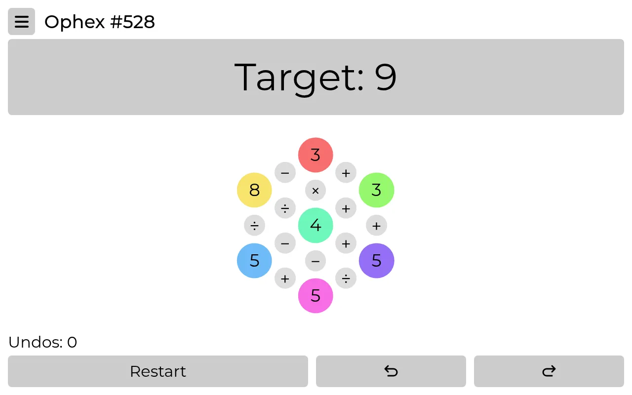 Ophex #528 with target 9: seven coloured number circles (3, 3, 5, 5, 5, 8 and 4 in the middle) on a hex grid, joined by plus, minus, times and divide buttons