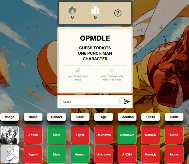 Opmdle: Guess today's One Punch Man character, with guesses for Apollo and Agoni showing tiles for gender, race, age, location, class and rank