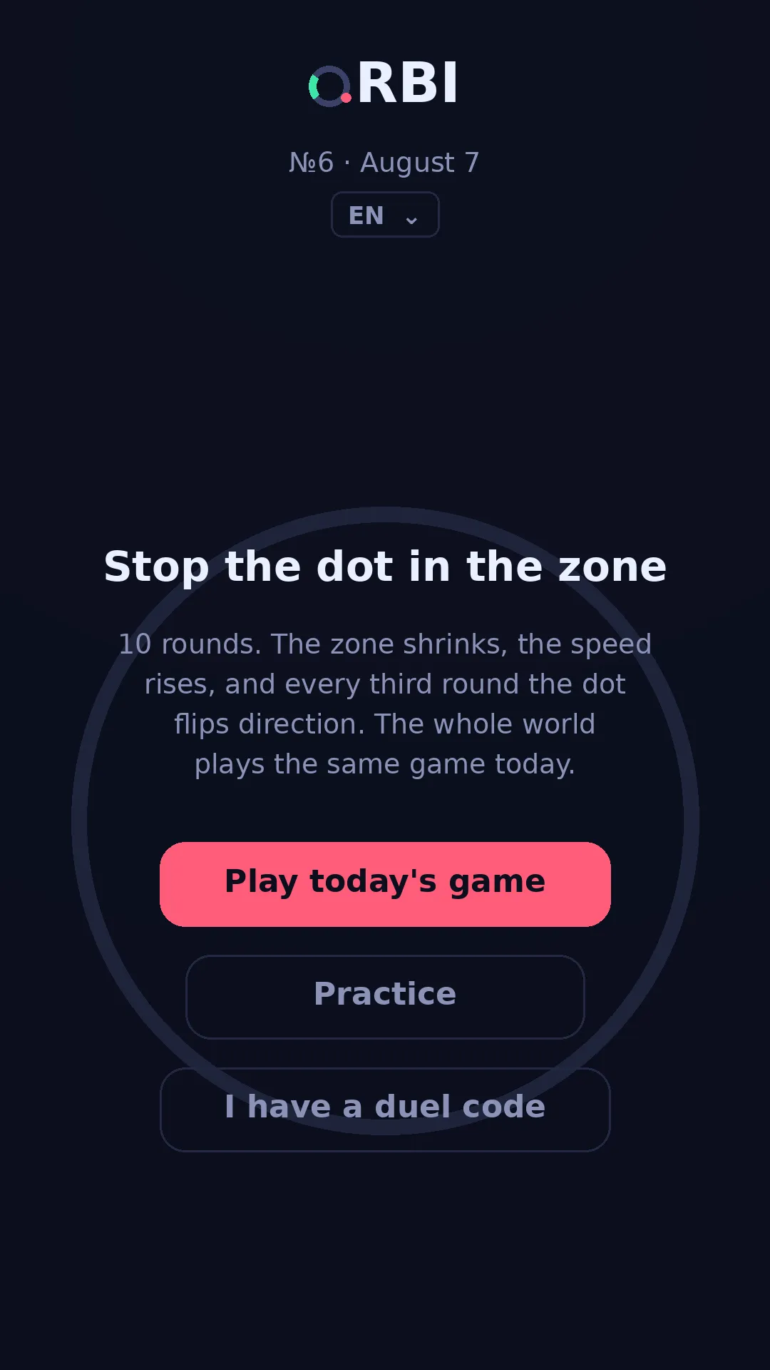 ORBI start screen for No. 6, August 7, with the rules and buttons for Play today's game, Practice and duel code