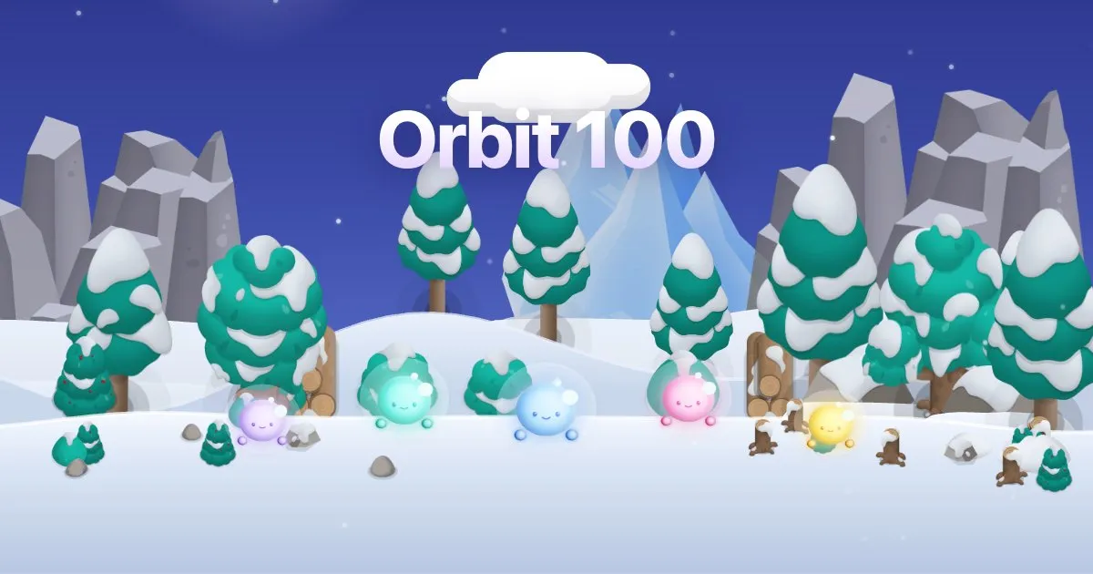Orbit 100's own art: the words Orbit 100 over a snowy night valley with pine trees and five round glowing aliens waiting in the snow