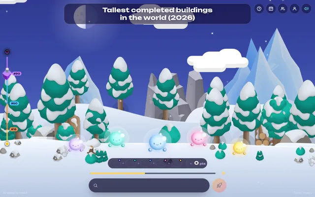 Orbit 100 in play: the topic Tallest completed buildings in the world (2026), five aliens in a snowy valley, an empty five-slot score tray, timer bar and answer box