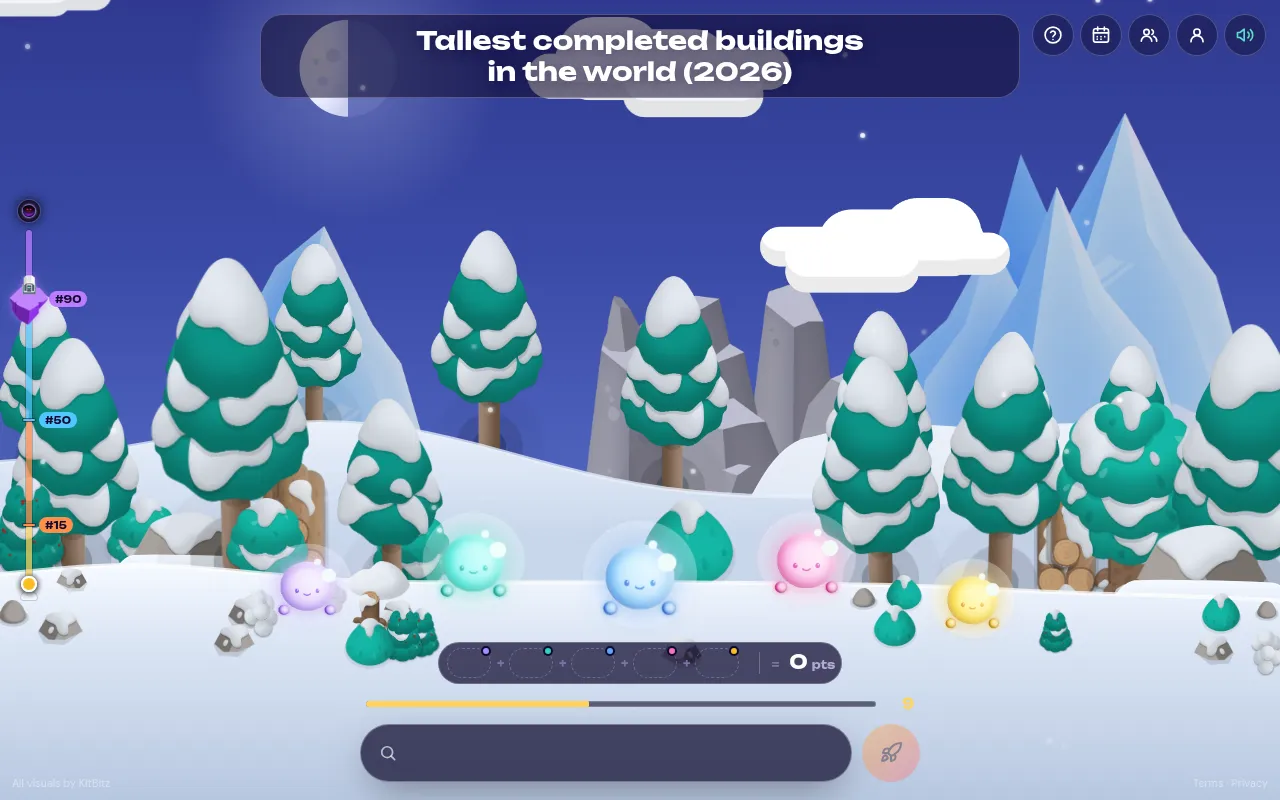 Orbit 100 in play: the topic Tallest completed buildings in the world (2026), five aliens in a snowy valley, an empty five-slot score tray, timer bar and answer box