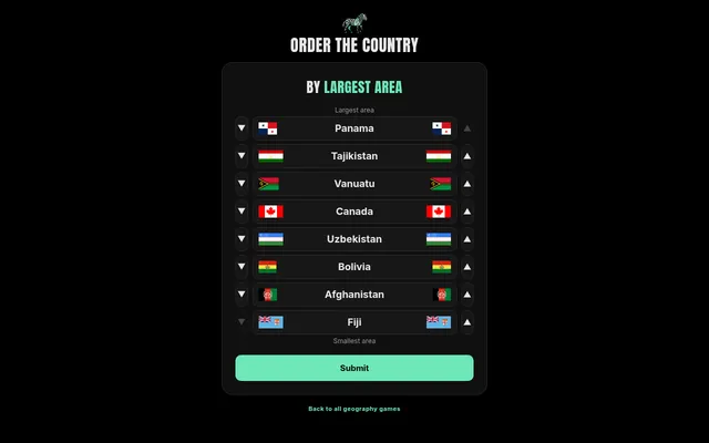 Order the Country board for 30 October 2026, by largest area: eight flag cards from Panama to Fiji with up and down arrows and a Submit button