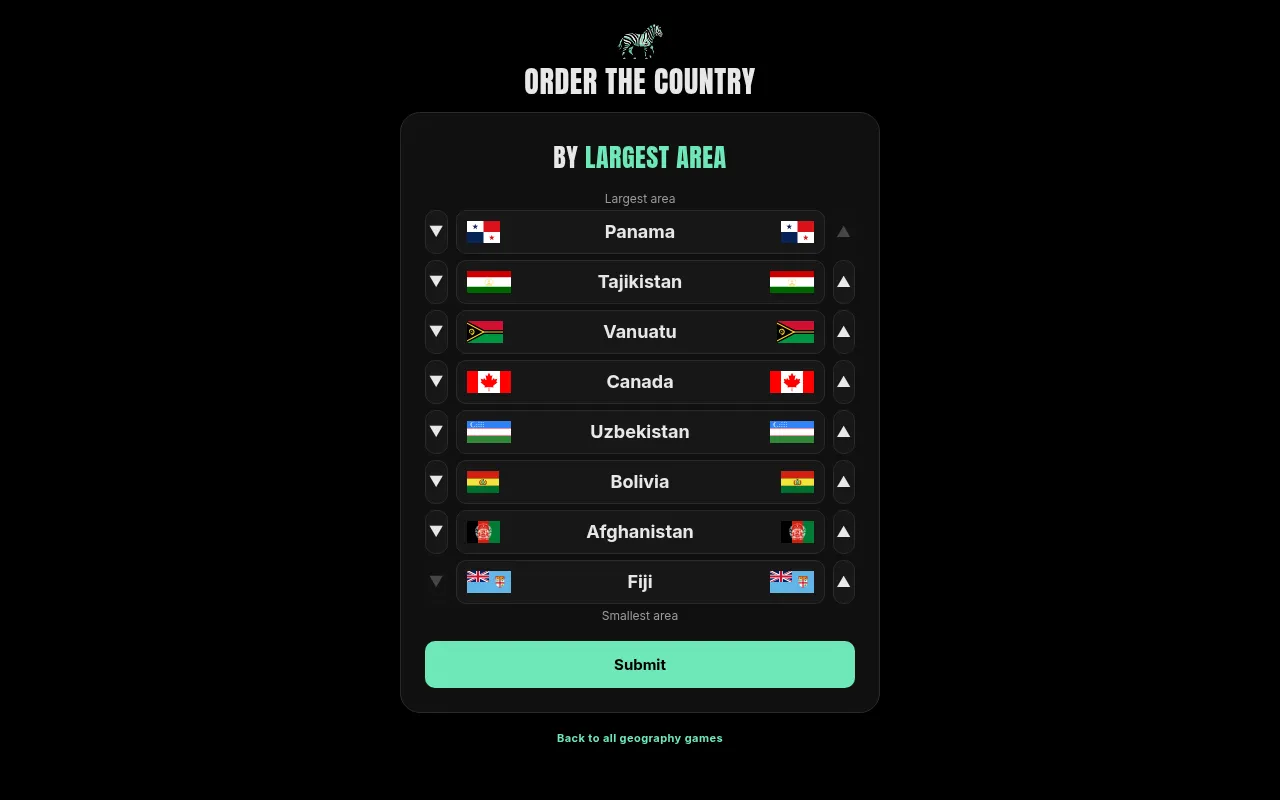 Order the Country board for 30 October 2026, by largest area: eight flag cards from Panama to Fiji with up and down arrows and a Submit button