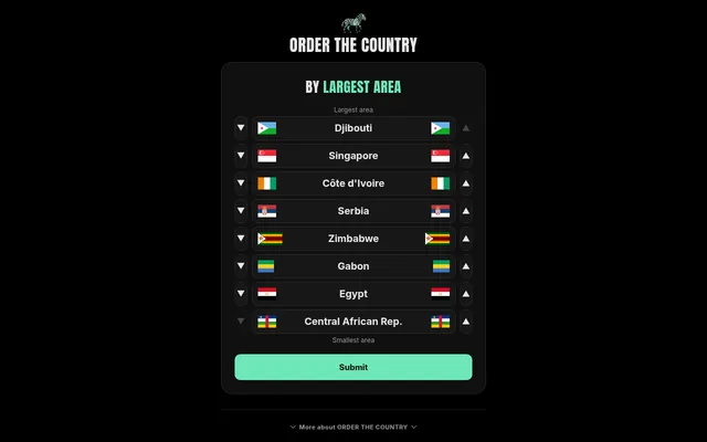 Order the Country 'By largest area': eight country cards with flags (Djibouti, Singapore, Côte d'Ivoire, Serbia, Zimbabwe, Gabon, Egypt, Central African Rep.) with up and down arrows and a Submit butt