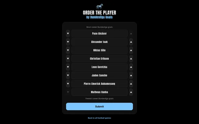 Order the Player board for 29 October 2026, 'by Bundesliga Goals': eight footballer cards from Paco Alcácer to Matheus Cunha with up and down arrows and a Submit button