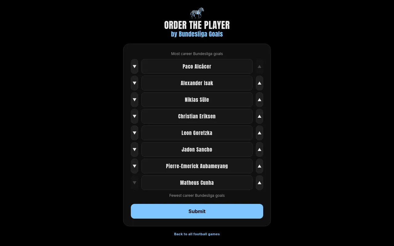Order the Player board for 29 October 2026, 'by Bundesliga Goals': eight footballer cards from Paco Alcácer to Matheus Cunha with up and down arrows and a Submit button