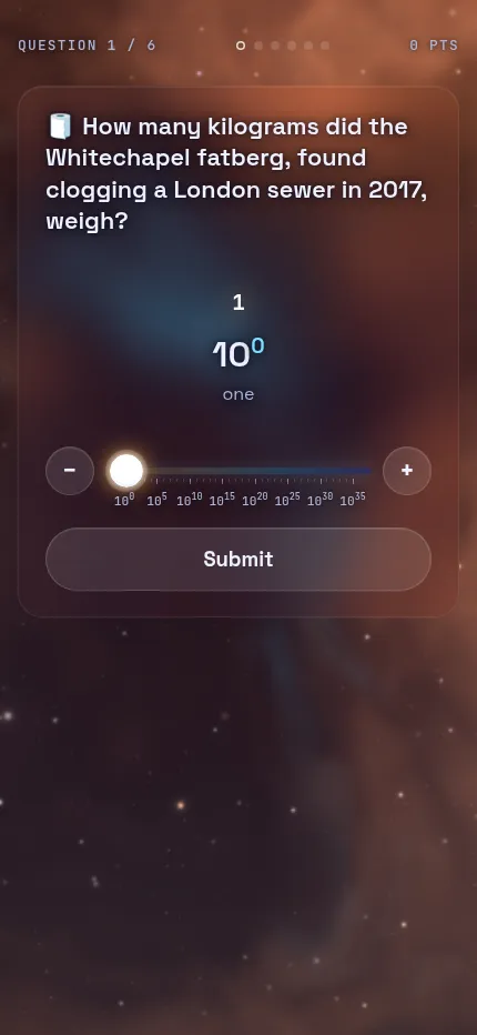 Orders of Magnitude on a phone: the Whitechapel fatberg question with the power-of-ten slider, minus and plus buttons and Submit on a nebula background