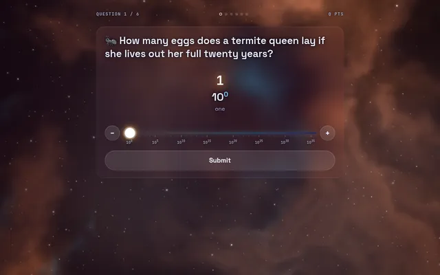 Orders of Magnitude, question 1 of 6: How many eggs does a termite queen lay if she lives out her full twenty years? with a slider from 10 to the 0 to 10 to the 35 and a Submit button