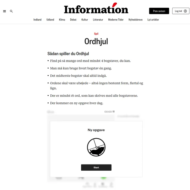 Ordhjul page on information.dk with the Danish rules and the game's 'Ny opgave' start panel showing a hamster in a wheel