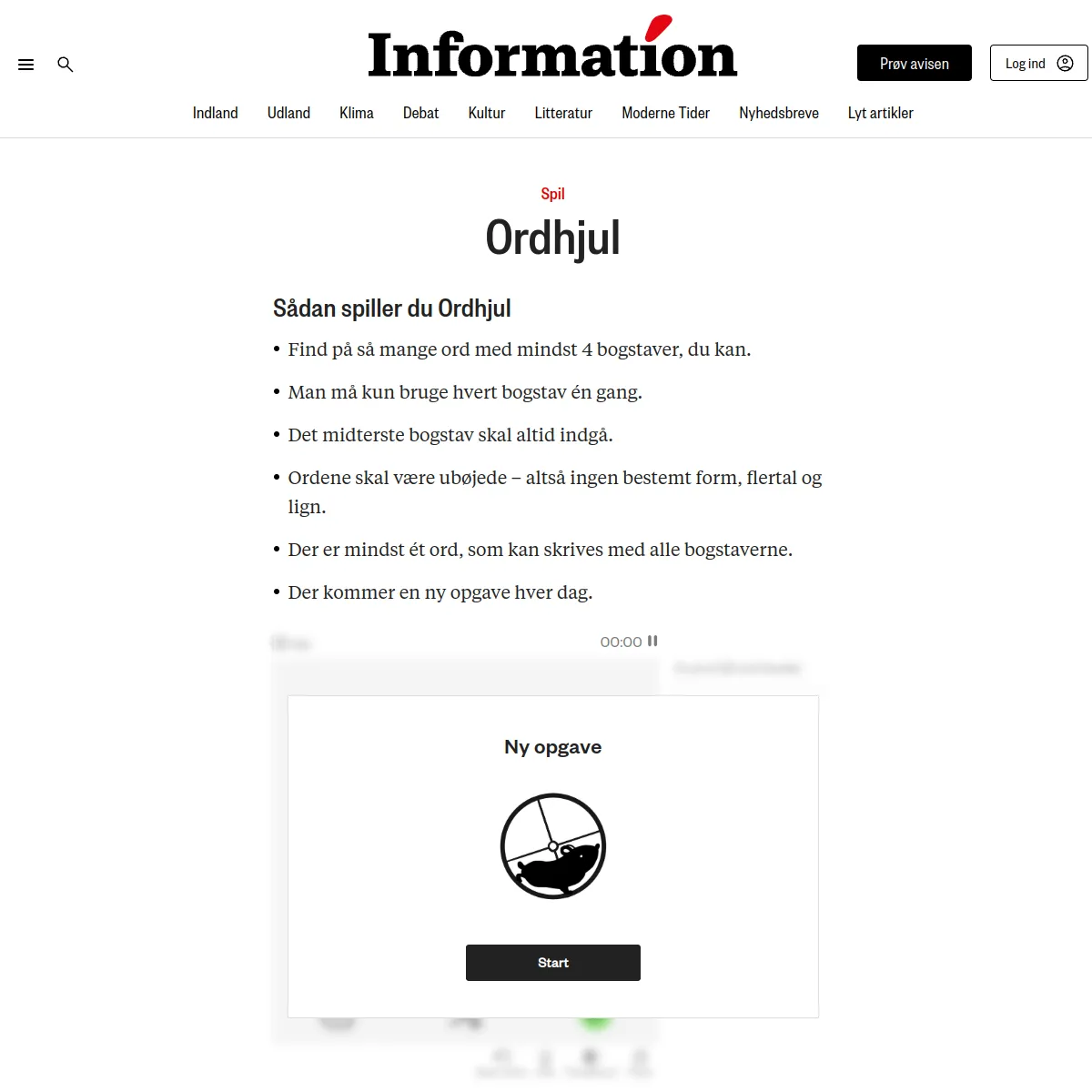 Ordhjul page on information.dk with the Danish rules and the game's 'Ny opgave' start panel showing a hamster in a wheel