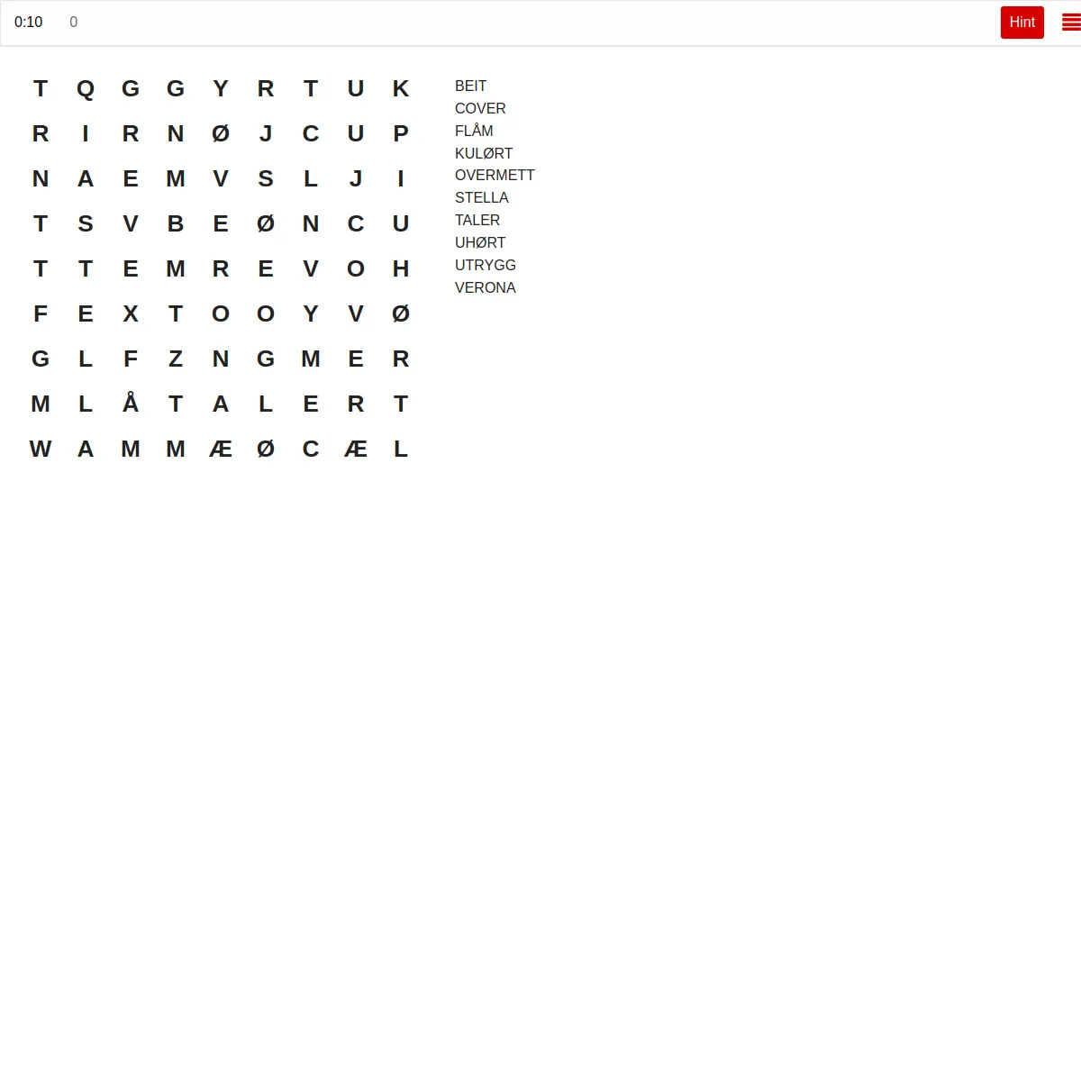 A Dagbladet Ordjakten word search: a 9x9 letter grid with a list of about ten Norwegian words, a timer and a Hint button