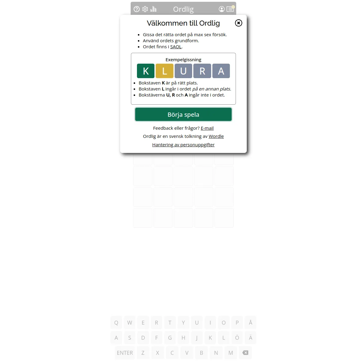 Ordlig welcome box in Swedish with an example guess KLURA, K in green, L in yellow and U, R, A in grey, above an empty board and a Swedish keyboard