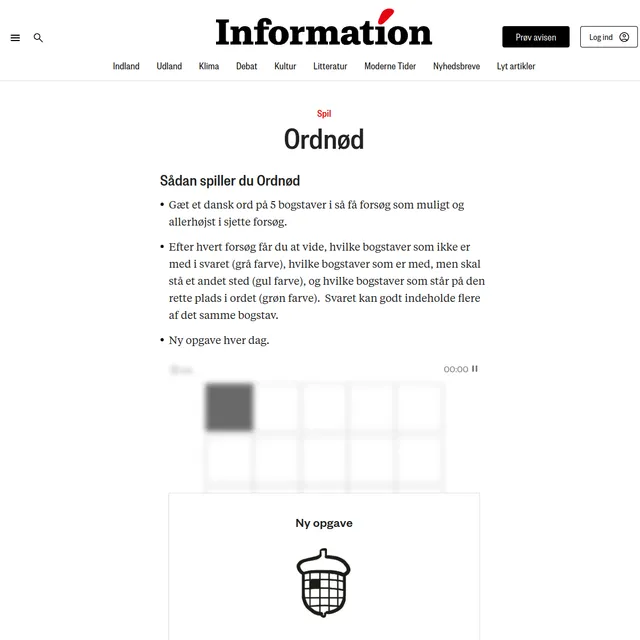 Ordnod on the Information newspaper site, showing the how-to-play notes (guess a Danish five-letter word in at most six tries, grey/yellow/green tiles, a new puzzle every day), the acorn logo and the