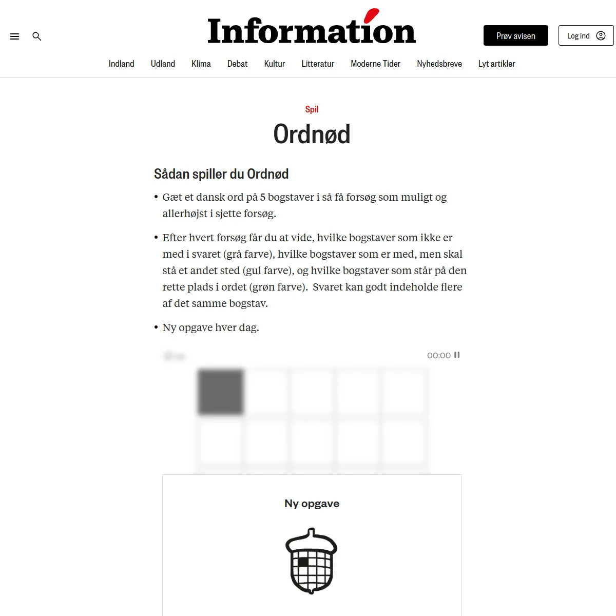 Ordnod on the Information newspaper site, showing the how-to-play notes (guess a Danish five-letter word in at most six tries, grey/yellow/green tiles, a new puzzle every day), the acorn logo and the