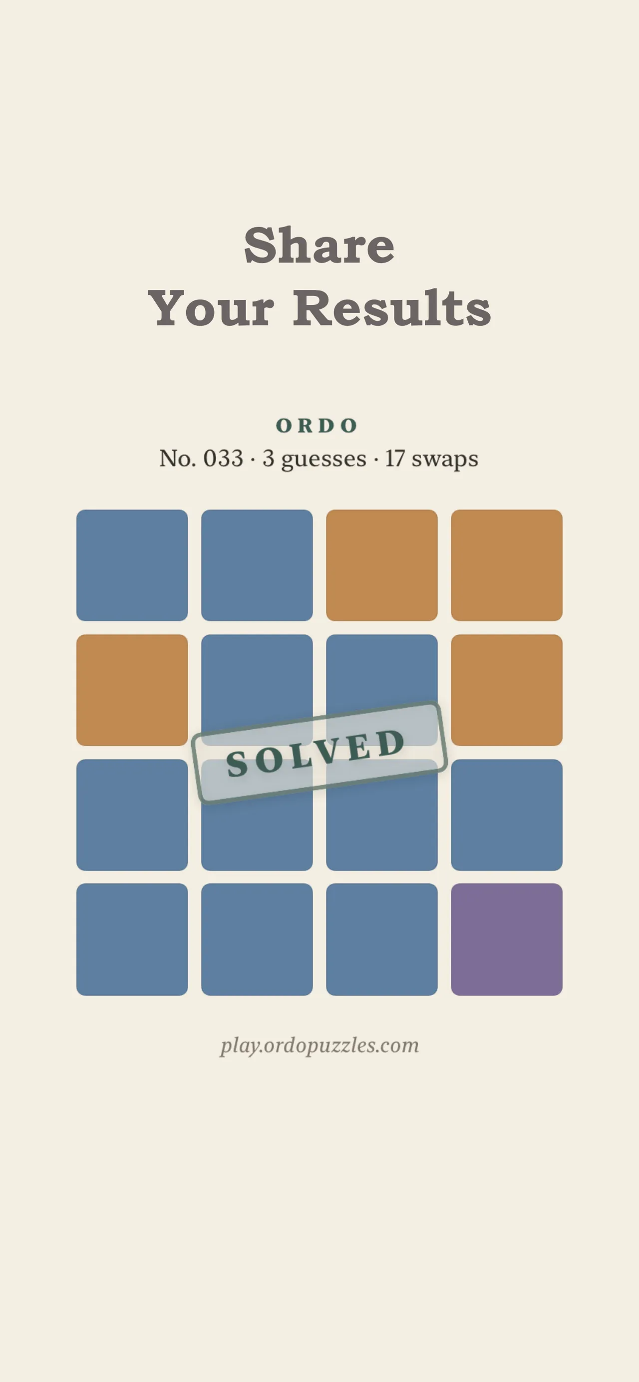 Ordo's share card for puzzle No. 033, solved in 3 guesses and 17 swaps, shown as a 4x4 grid of coloured squares