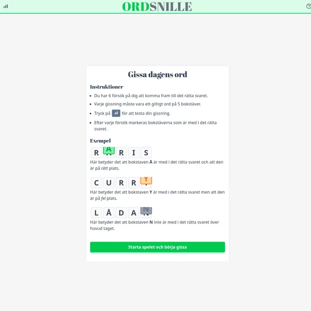 Ordsnille start panel 'Gissa dagens ord' with Swedish instructions and example rows showing green, orange and grey letters