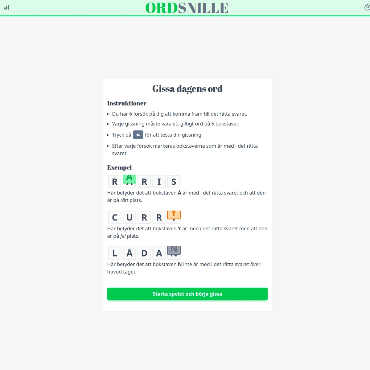 Ordsnille start panel 'Gissa dagens ord' with Swedish instructions and example rows showing green, orange and grey letters