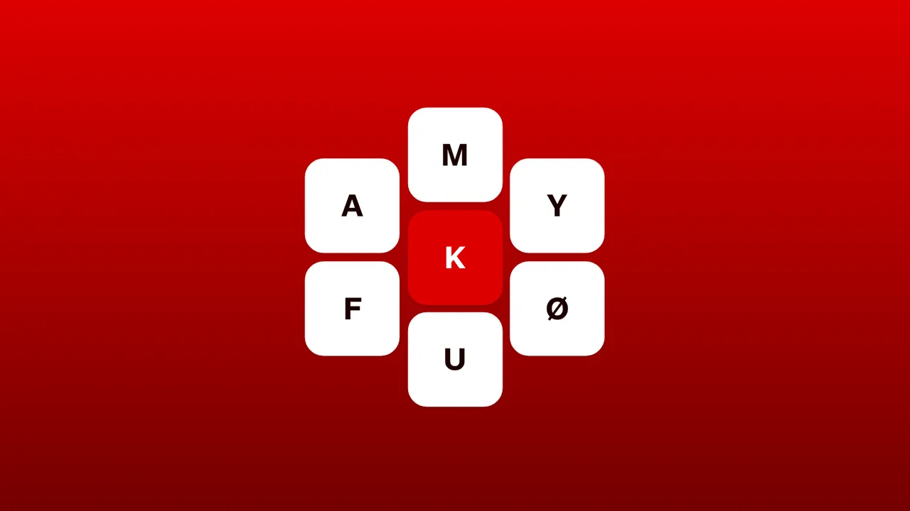 Ordstjernen's seven letter tiles on a red background with the centre letter highlighted