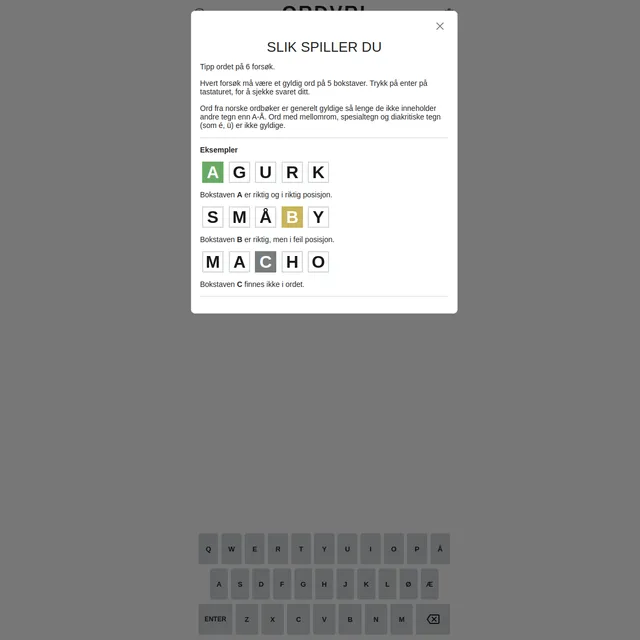 Ordvri how-to-play dialog (Slik spiller du): guess the five-letter Norwegian word in six tries, with green, yellow and grey example tiles and a Norwegian on-screen keyboard including A to A with the e