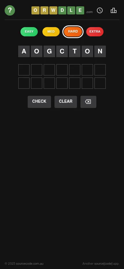 Orwdle at phone size on the Hard level: the seven scrambled letters A O G C T O N above two empty answer rows, with Check and Clear below