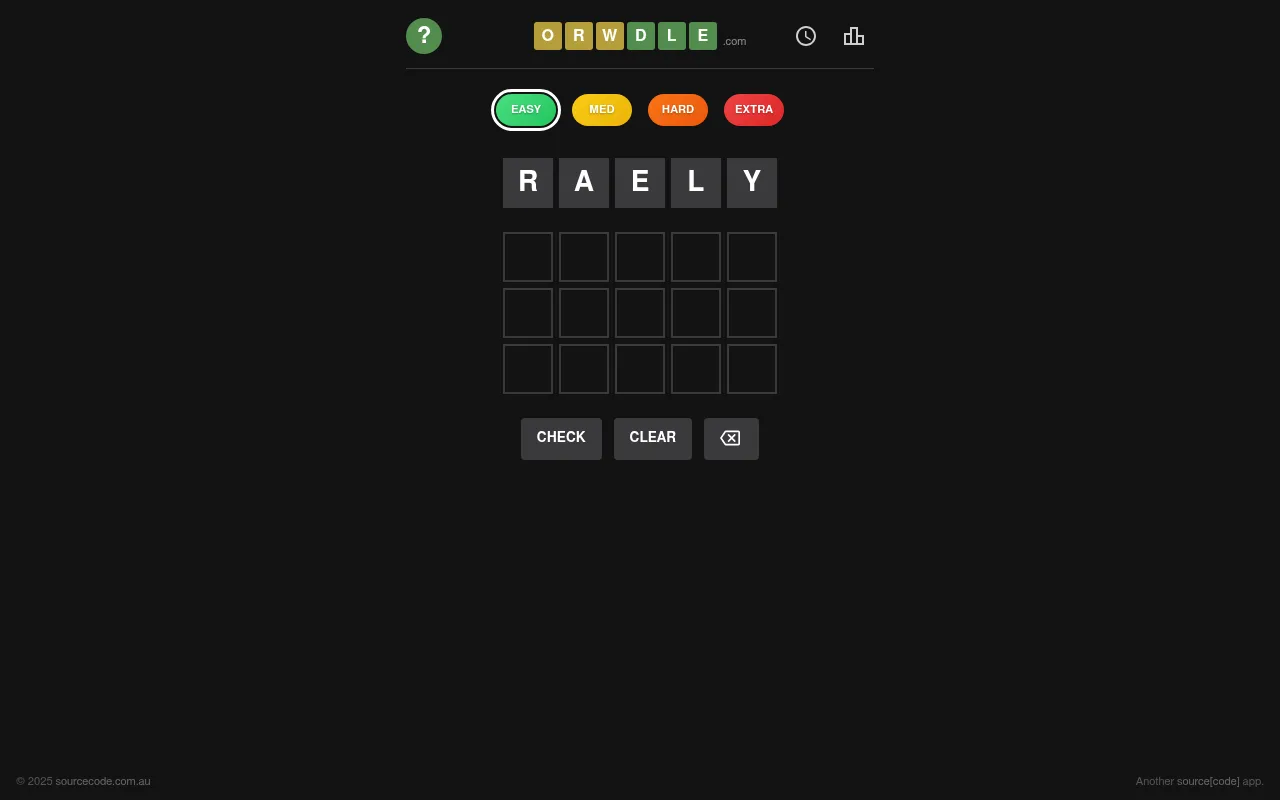 Orwdle on the Easy level: the scrambled letters R A E L Y above three empty five-letter answer rows, with Easy, Med, Hard and Extra buttons and Check and Clear below