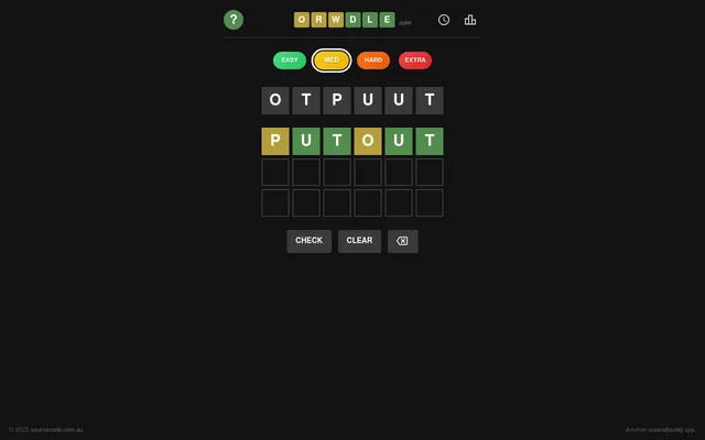 Orwdle's Medium level on 18 October 2026: the scrambled letters O T P U U T above a first guess, PUTOUT, marked with green and yellow tiles, and two empty rows left