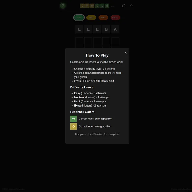 Orwdle How To Play box listing Easy, Medium, Hard and Extra levels and green and yellow feedback colours, over a scrambled word LLEBA