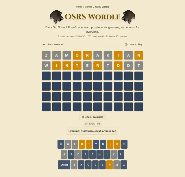 OSRS Wordle board for 31 October 2026 on desktop: a ten-letter Members word with guesses ZAMORAKIAN and WINTERTODT in yellow and grey tiles, the examine hint open