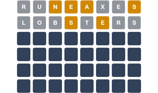 An OSRS Wordle board with an eight-letter answer: two guesses, RUNEAXES and LOBSTERS, marked in yellow and grey tiles above four empty rows