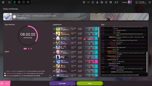 The osu! Daily challenge screen: the day's beatmap, a countdown of 8:22:22 remaining, a live leaderboard of top scores and the challenge chat