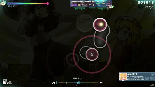 A frame from a player's video of Daily Challenge #316 in the lazer client: hit circles numbered 5 and 6 with a slider and approach ring over a dimmed anime background