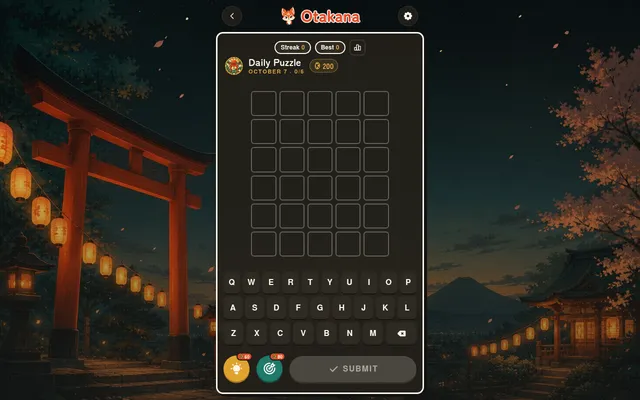 Otakana's Daily Puzzle for October 7: an empty five-letter grid with six rows, a keyboard, hint and dart buttons, over a night shrine scene with lanterns