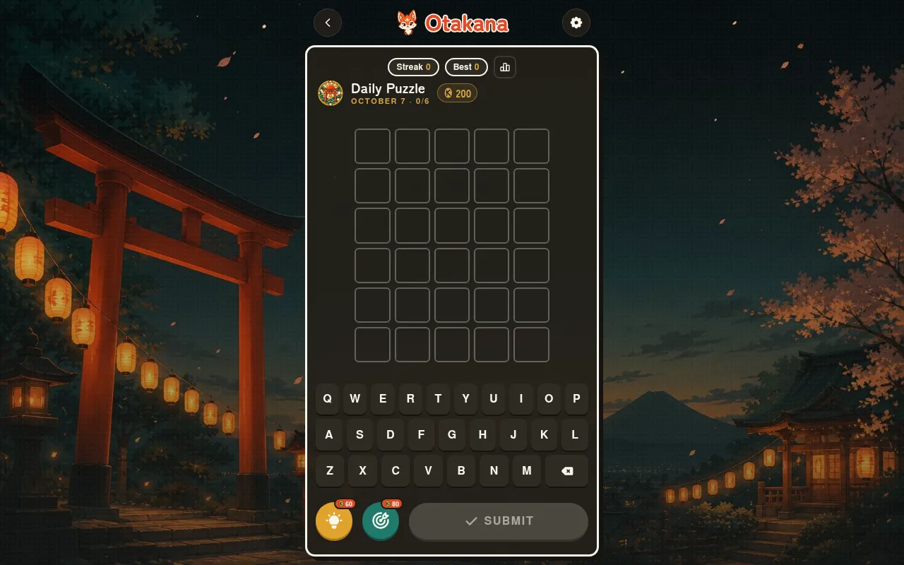 Otakana's Daily Puzzle for October 7: an empty five-letter grid with six rows, a keyboard, hint and dart buttons, over a night shrine scene with lanterns