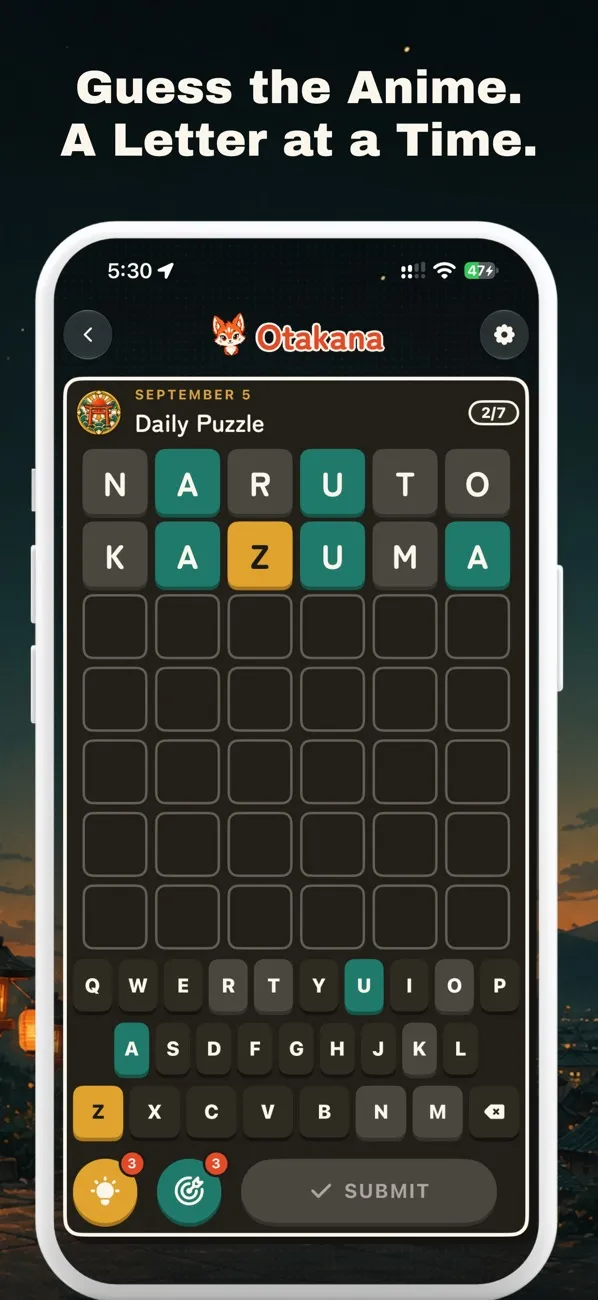 Otakana's App Store screenshot: a six-letter daily puzzle with guesses NARUTO and KAZUMA in teal, amber and grey tiles, under Guess the Anime. A Letter at a Time.