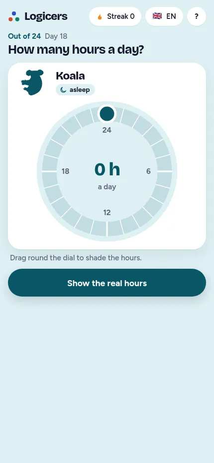 Out of 24 at phone size: day 18's koala, asleep, with the empty 24-hour dial filling the narrow screen