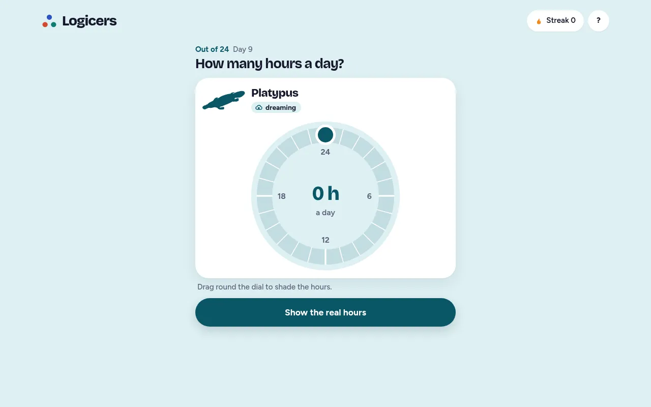 Out of 24, day 9: a platypus silhouette with the activity dreaming above an empty 24-hour dial and the Show the real hours button