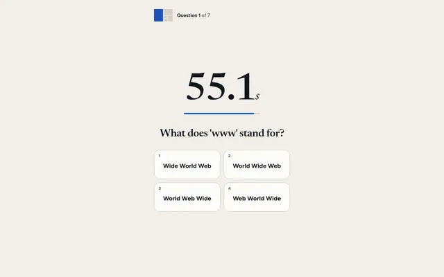 An OutClocked question: a 55.1 second countdown over the question What does www stand for, with four answer cards