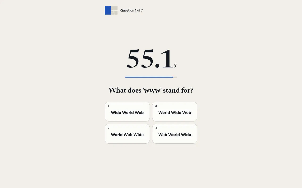 An OutClocked question: a 55.1 second countdown over the question What does www stand for, with four answer cards