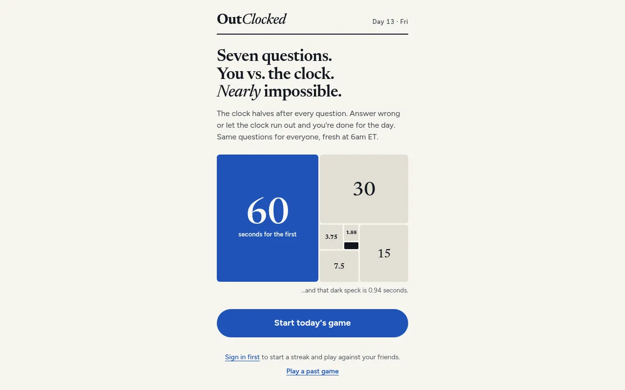 The OutClocked start page with the halving clock blocks and the Start today's game button