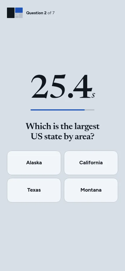 OutClocked at phone size: question 2 of 7, Which is the largest US state by area, with 25.4 seconds left and four answer buttons