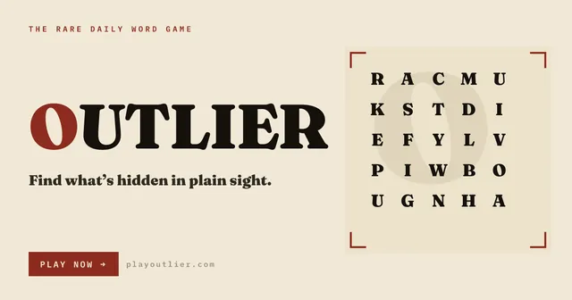 OUTLIER title card with 'Find what's hidden in plain sight' beside a 5x5 grid of serif letters