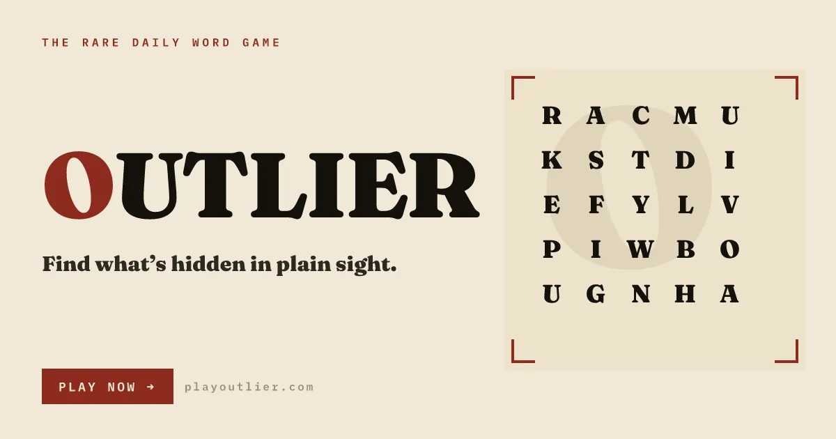 OUTLIER title card with 'Find what's hidden in plain sight' beside a 5x5 grid of serif letters
