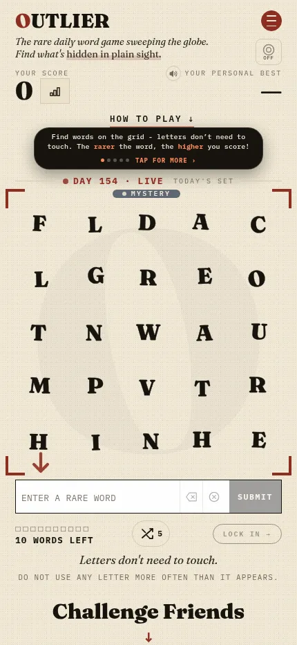 OUTLIER at phone size: the Day 154 letter grid, the Enter a rare word box with Submit, ten words left and the Lock in button