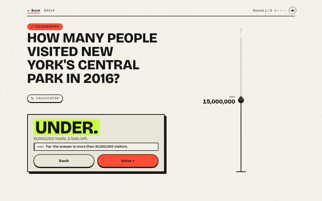 Overbid round 1: a bid of 15,000,000 holds (UNDER), with a hint that the answer is more than 30,000,000, Bank and Raise buttons and the climb on the ladder